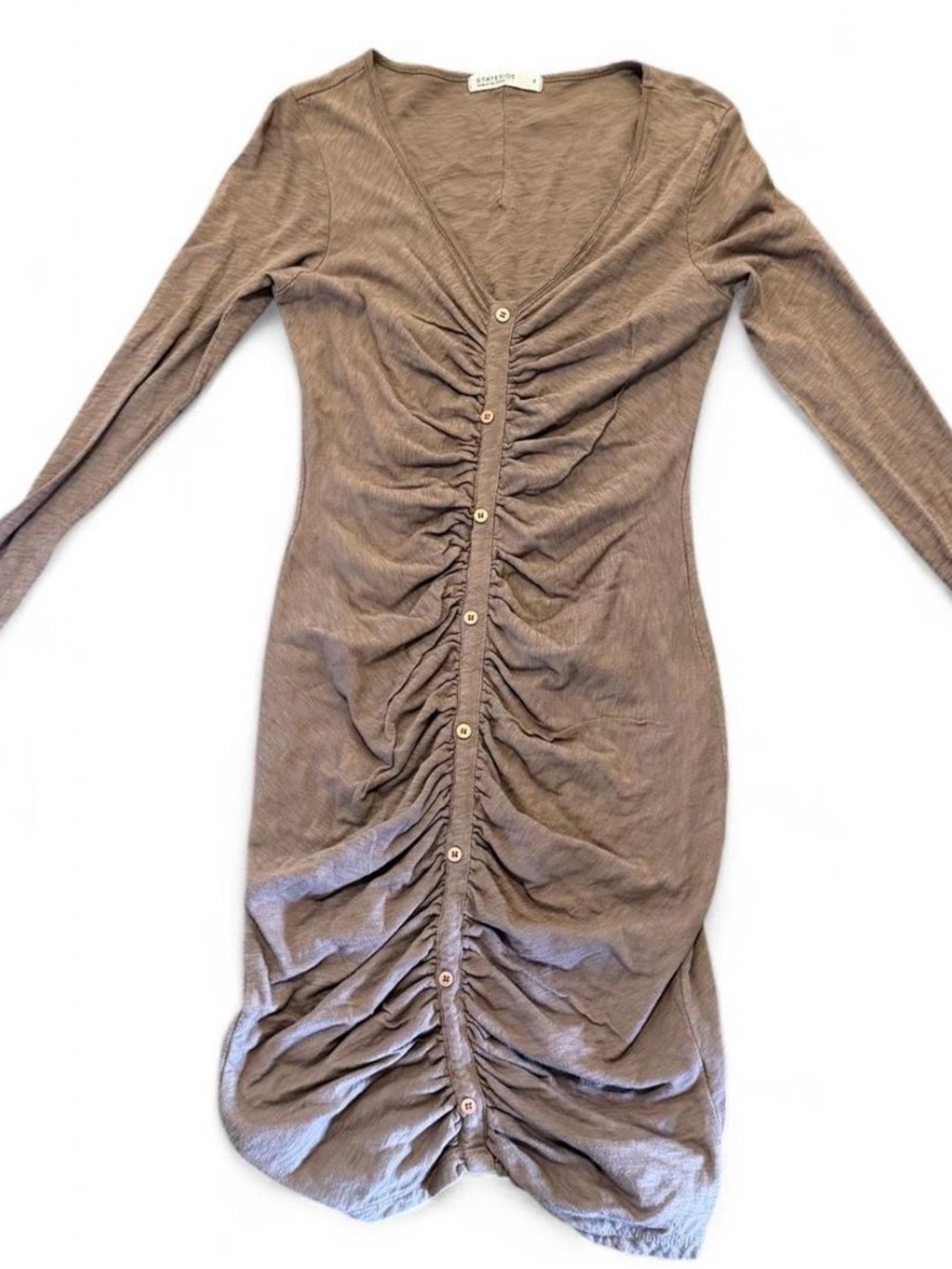 Stateside Taupe Ruched Button-Front Long Sleeve Dress